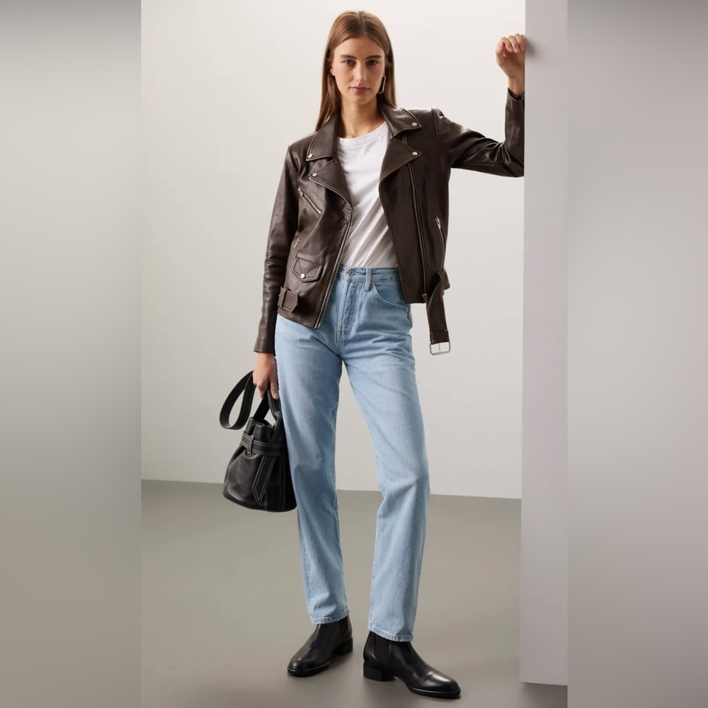 EUC Veda- Brown Leather Distressed Moto Jacket. Size XS